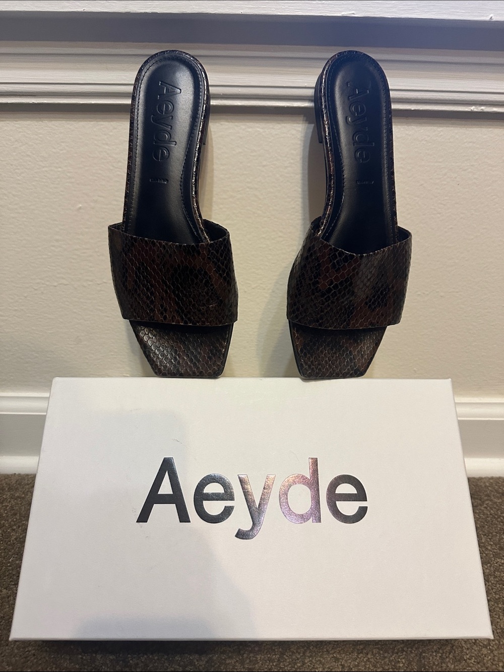 Aeyde Brown Snake-Embossed Leather Slide Mules